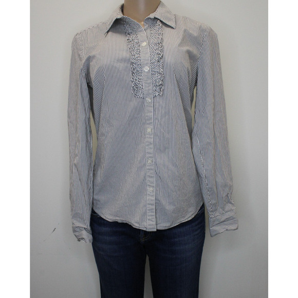 BANANA REPUBLIC Shirt Womens 10 Stretch Long Sleeve Striped Ruffled Collared - Picture 1 of 8